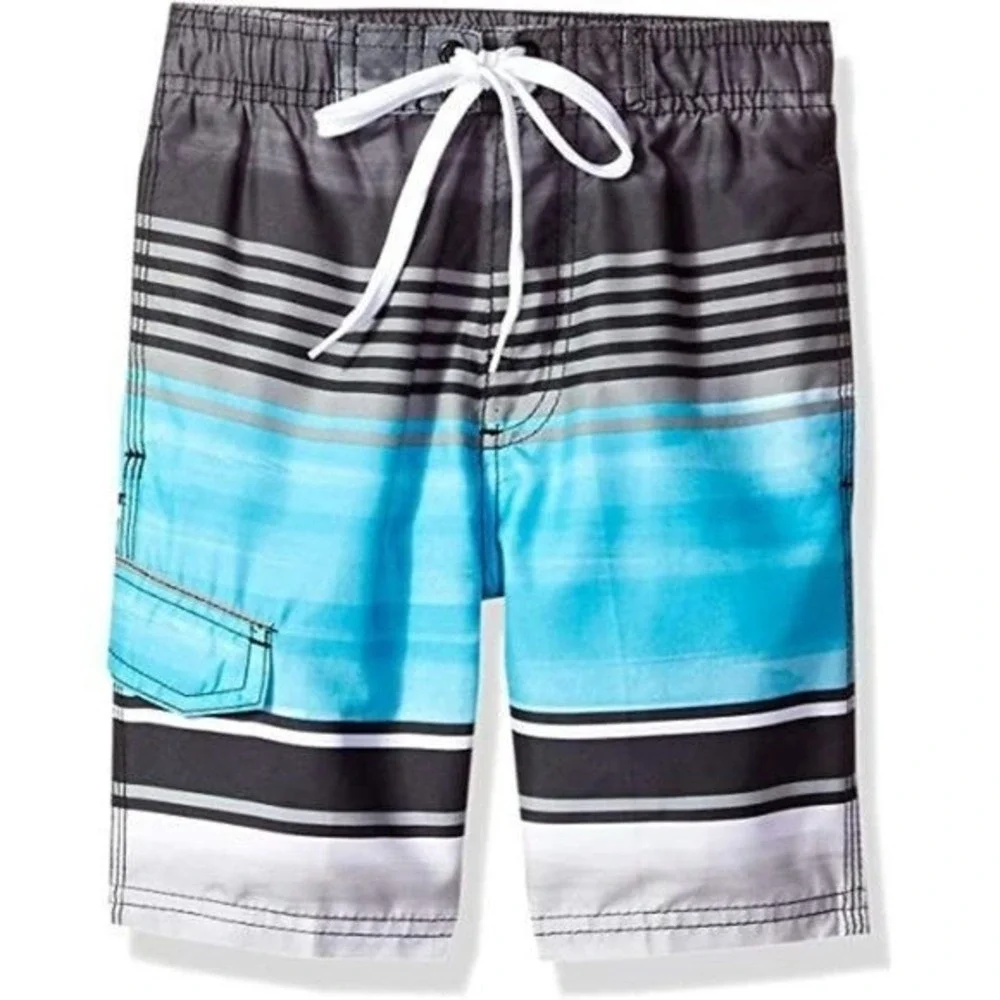 Kanu Surf Boys Avalon Striped Board Shorts Swim Black Aqua Blue Size Small 4 NWT